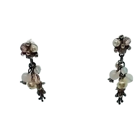 Cluster Earrings White and Peach Beads Pewter Flower Rhinestones Pewter Tone - Picture 2 of 7
